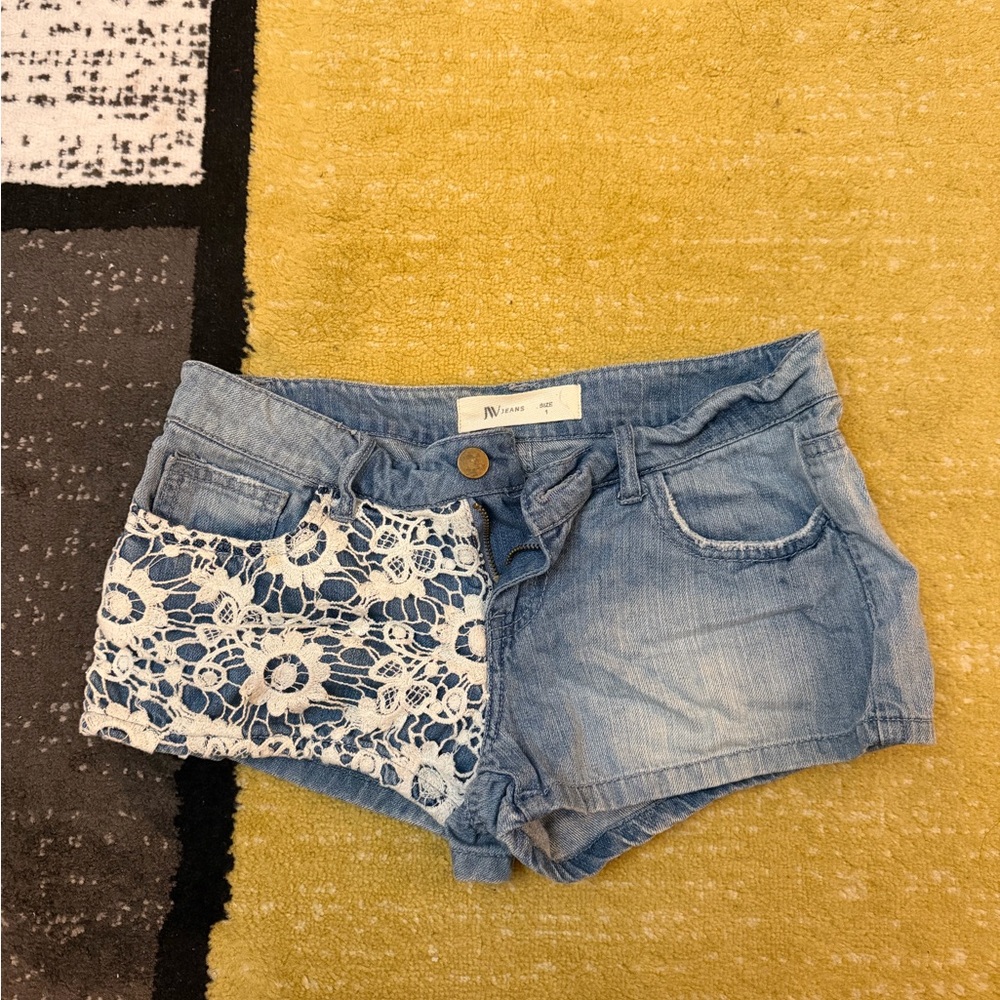 Stylish Light Blue Jean Shorts with Lace Overlay